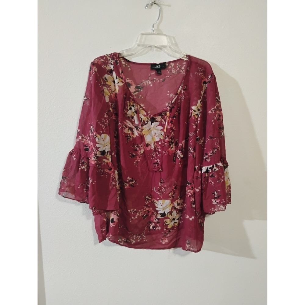 AGB Woman Floral Chiffon Blouse Burgundy Wine Bell Sleeve Split V-Neck 1X